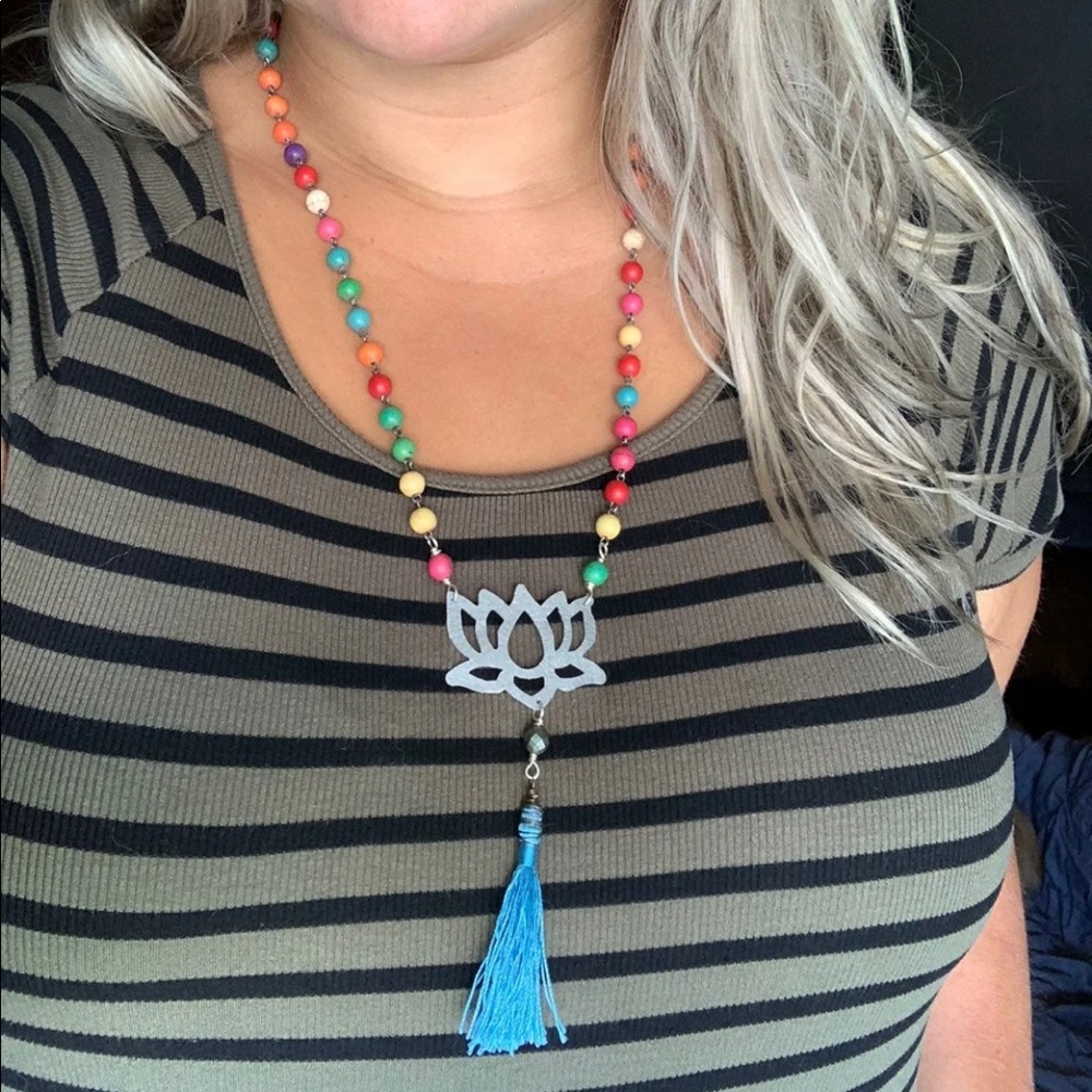 Bohemian Lotus Flower Pendant, Beaded Necklace